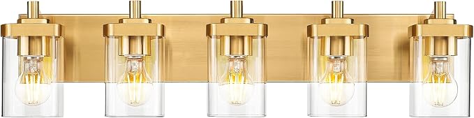 5-Light Brushed Gold Bathroom Vanity Light, Square Clear Glass Shade | Ideal for 34-46" mirrors, 30.5" modern bathroom light fixtures over mirror, E26 base, bulbs not included, VL194-BG-5