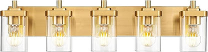 5-Light Brushed Gold Bathroom Vanity Light, Square Clear Glass Shade | Ideal for 34-46" mirrors, 30.5" modern bathroom light fixtures over mirror, E26 base, bulbs not included, VL194-BG-5