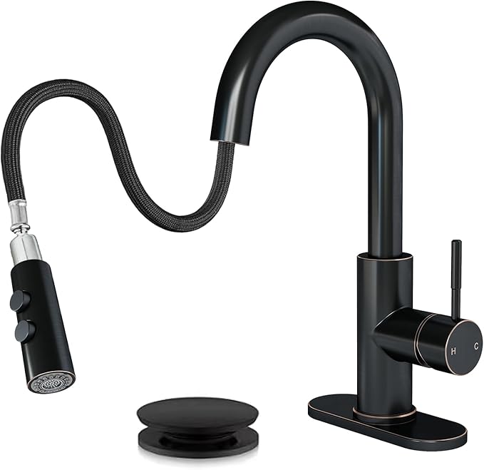 Fransiton Bathroom Faucets, Bar Sink Faucet Single Hole for Bathroom Kitchen Campers with Deck Plate Outdoor Faucet Vessel Farmhouse Vanity Lavatory (Oil Rubbed Bronze - Pull Sprayer - A)