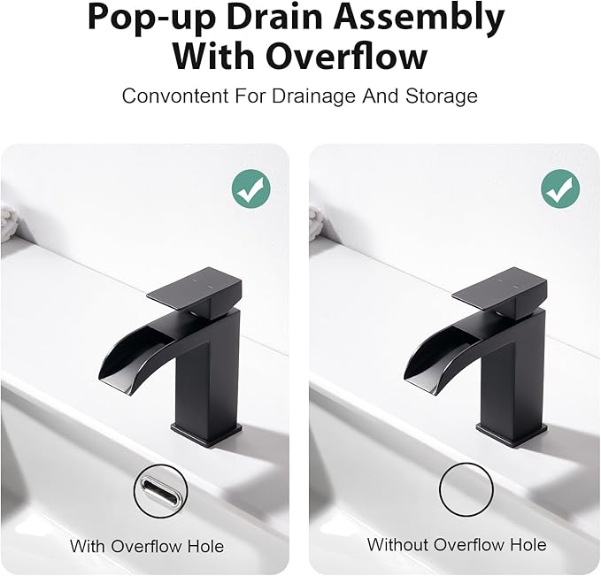 Faustina Black Waterfall Bathroom Faucet 1 Hole Single Handle,Wide Open Spout Waterfall Bathroom Faucet with Pop Up Drain,Stainless Steel Utility Sink Faucet Bathroom Vanity Faucet Basin Mixer Tap