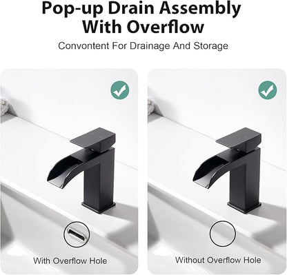 Faustina Black Waterfall Bathroom Faucet 1 Hole Single Handle,Wide Open Spout Waterfall Bathroom Faucet with Pop Up Drain,Stainless Steel Utility Sink Faucet Bathroom Vanity Faucet Basin Mixer Tap