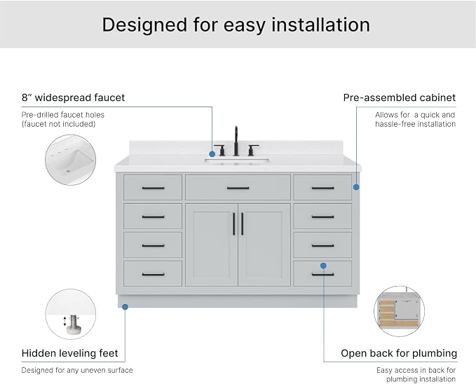 ARIEL Hepburn 60-inch Bathroom Vanity with Sink,Solid Wood, 1.5-inch Carrara White Quartz Countertop & Backsplash, Single Rectangular Porcelain Sink, 2 Soft Closing Doors, 9 Dovetail Drawers, Grey