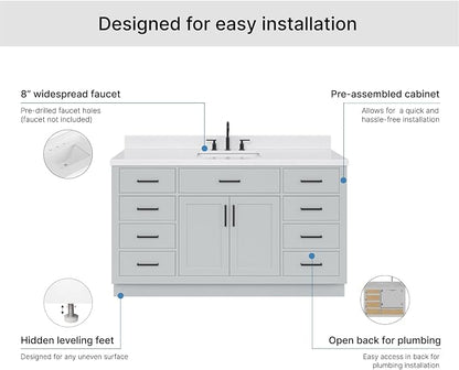 ARIEL Hepburn 60-inch Bathroom Vanity with Sink,Solid Wood, 1.5-inch Carrara White Quartz Countertop & Backsplash, Single Rectangular Porcelain Sink, 2 Soft Closing Doors, 9 Dovetail Drawers, Grey