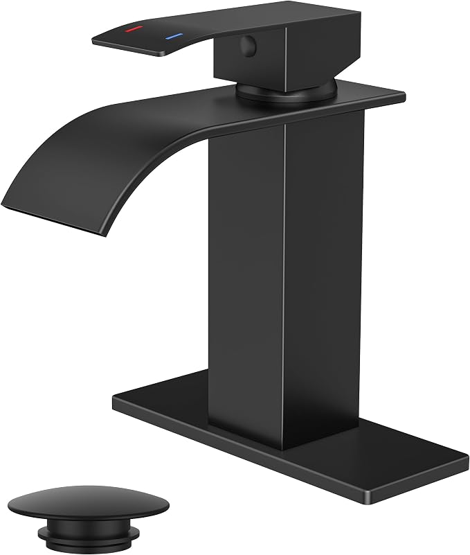 FORIOUS Bathroom Faucet 1 Hole, Waterfall Vanity Sink Faucet Matte Black | Bathroom Sink Faucet 1 or 3 Hole, Square Single Handle with 24" cUPC Supply Line and Pop-up Drain, Fits RV Restroom Basin