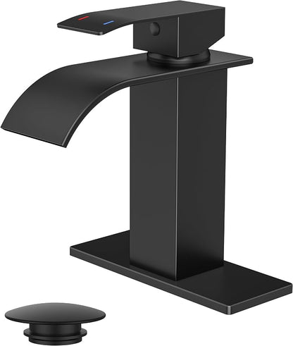 FORIOUS Bathroom Faucet 1 Hole, Waterfall Vanity Sink Faucet Matte Black | Bathroom Sink Faucet 1 or 3 Hole, Square Single Handle with 24" cUPC Supply Line and Pop-up Drain, Fits RV Restroom Basin