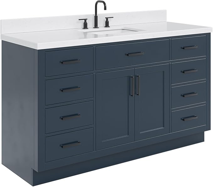 ARIEL Hepburn 60-inch Bathroom Vanity with Sink,Solid Wood, 1.5-inch Carrara White Quartz Countertop, Single Rectangular Porcelain Sink, 2 Soft Closing Doors, 9 Dovetail Drawers, Midnight Blue