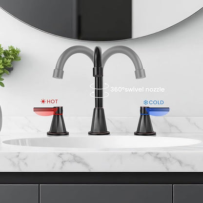 Bathroom Faucet 3 Hole,Oil Rubbed Bronze Bathroom Sink Faucet with 360°Swivel Spout, 8 inch Widespread 2 Handle Faucet for Bathroom Sink Vanity RV with Pop-up Drain Supply Line Stainless Steel