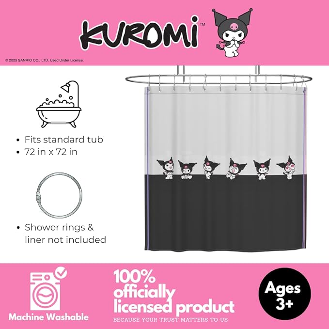 Sanrio Kuromi 13-Piece Shower Curtain Set, 72 x 72 Inch Fabric Curtain with Hooks, Bathroom Decor, Machine Washable, (100% Officially Licensed Product) by Franco Collectibles