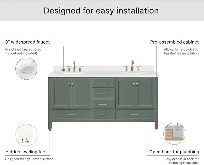 ARIEL Cambridge 72-inch Bathroom Vanity with Sink,Solid Wood, 1.5-inch Pure White Quartz Countertop & Backsplash, Double Oval Porcelain Sink, 4 Soft Closing Doors, 6 Dovetail Drawers, Vintage Green