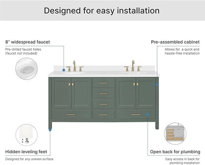 ARIEL Cambridge 72-inch Bathroom Vanity with Sink,Solid Wood, 1.5-inch Pure White Quartz Countertop & Backsplash, Double Oval Porcelain Sink, 4 Soft Closing Doors, 6 Dovetail Drawers, Vintage Green