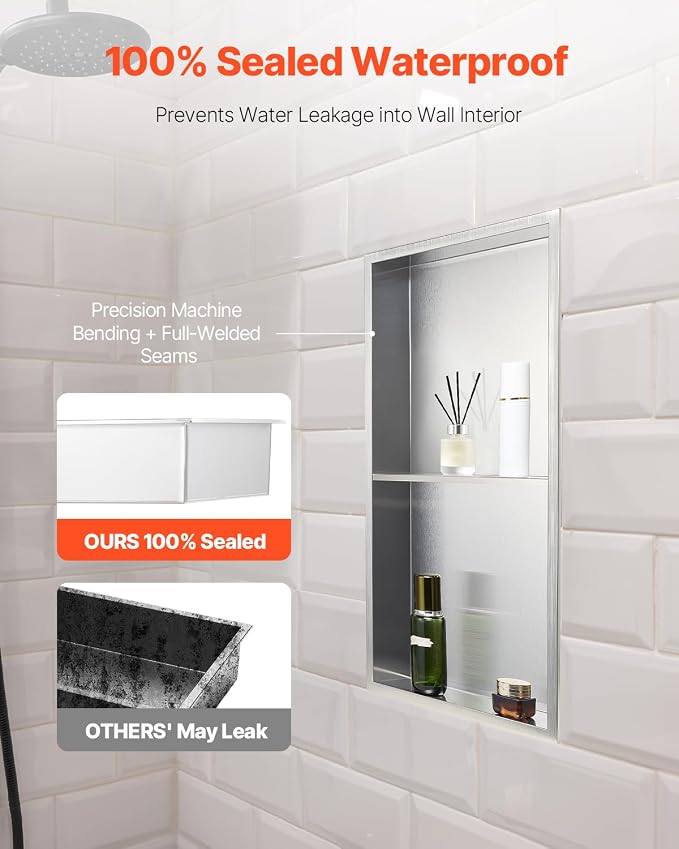 VEVOR Shower Niche, 13 x 25 x 4 inch Recessed Wall Niche Double-Layer, with Hollowed-Out Divider,Heavy-Duty Stainless Steel Modern Shampoo Storage Organizer,Waterproof, Silver for Bathroom