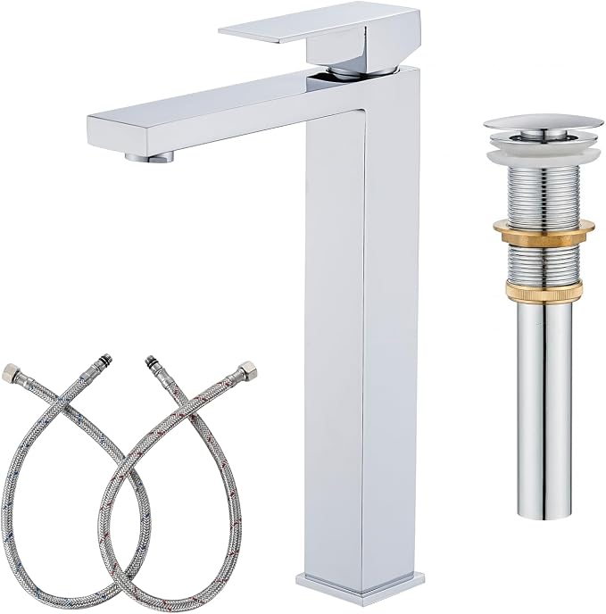 Chrome Vessel Sink Faucet, 1 Hole Single Handle Tall Bathroom Vanity Faucets, Modern Utility Rv Laundry Bath Restroom Mixer Tap with Metal Pop Up Drain and 2 Water Supply Lines