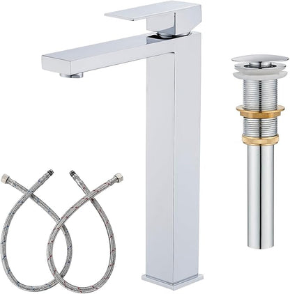 Chrome Vessel Sink Faucet, 1 Hole Single Handle Tall Bathroom Vanity Faucets, Modern Utility Rv Laundry Bath Restroom Mixer Tap with Metal Pop Up Drain and 2 Water Supply Lines