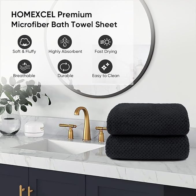 HOMEXCEL Bath Sheets 2PK, 35x70 in, Absorbent&Soft, Extra Large Bath Towel | Lightweight and Quick Drying Microfiber Towels for Bathroom, Yoga, SPA, Fitness, Black