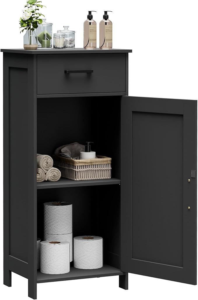 Homhedy Bathroom Storage Cabinet with Drawer & Adjustable Shelf | Freestanding Storage Cabinet for Bathroom, Entryway, Living Room & Kitchen, Black, 15.7"W