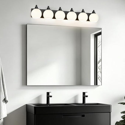 IZORRO Bathroom Light Fixtures, 6-Light Matte Black Vanity Light, Modern Wall Sconces with Globe Milk White Glass Shade, Vanity Lighting Fixtures Over Mirror,E26 Bulb Socket