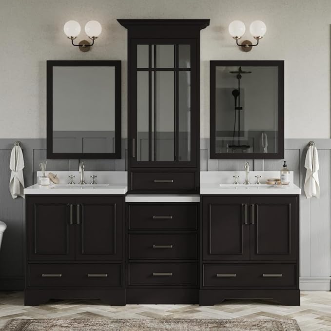 ARIEL Stafford 84-inch Bathroom Vanity with Sink,Solid Wood, 1.5-inch Pure White Quartz Countertop, Double Rectangular Porcelain Sink, 5 Soft Closing Doors, 6 Dovetail Drawers, Espresso