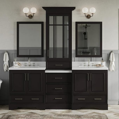 ARIEL Stafford 84-inch Bathroom Vanity with Sink,Solid Wood, 1.5-inch Pure White Quartz Countertop, Double Rectangular Porcelain Sink, 5 Soft Closing Doors, 6 Dovetail Drawers, Espresso