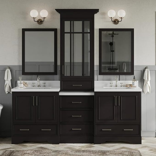 ARIEL Stafford 84-inch Bathroom Vanity with Sink,Solid Wood, 1.5-inch Pure White Quartz Countertop, Double Rectangular Porcelain Sink, 5 Soft Closing Doors, 6 Dovetail Drawers, Espresso