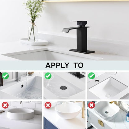 Midanya Waterfall Bathroom Sink Faucet 1 Hole,Matte Black | with cUPC Hoses,Pop Up Drain,Deck Plate,for 1 or 3 hole sink,Vanity,RV,Lavatory,Basin,Farmhouse,Stainless Steel,Single Handle