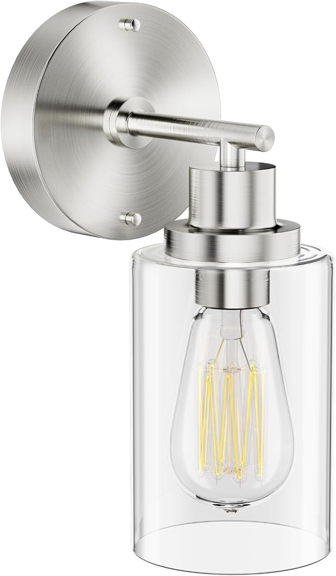 GORDNWE Modern Bathroom Wall Sconce, Brushed Nickel Vanity Light Fixture | E26 Bulb Base, Clear Glass Shade, Wall Light Fixture for Mirror, Bedroom, Hallway