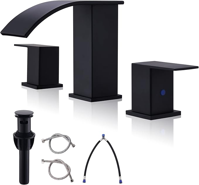 Black Waterfall Bathroom Faucet 3 Holes - 8Inch Widespread Bathroom Sink Faucet | Two Handles Modern Vanity Sink Faucets with Overflow Pop-up Drain & Supply Lines Matte Black Upgraded