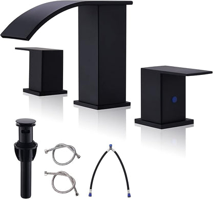 Black Waterfall Bathroom Faucet 3 Holes - 8Inch Widespread Bathroom Sink Faucet | Two Handles Modern Vanity Sink Faucets with Overflow Pop-up Drain & Supply Lines Matte Black Upgraded