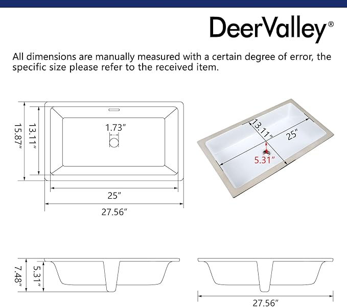 DeerValley DV-1U0132 Undermount Bathroom Sink 27.56"x15.87" White Rectangular Ceramic Sink Bathroom Wash Basin with Overflow Hole