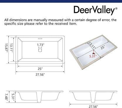 DeerValley DV-1U0132 Undermount Bathroom Sink 27.56"x15.87" White Rectangular Ceramic Sink Bathroom Wash Basin with Overflow Hole