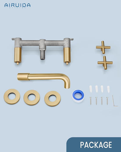 Airuida Solid Brass Brushed Gold Wall Mount Bathroom Faucet | 360° Swivel Spout,Rough in Valve,2 Cross Handle,3 Hole,Widespread