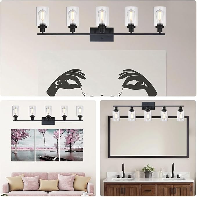 MELUCEE 40 Inches Length 5-Light Bathroom Vanity Light Fixtures Black | Industrial Wall Sconce Lighting with Clear Glass Shade for Living Room Bedroom Hallway Kitchen (Patent No.: US D963914 S)