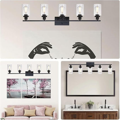MELUCEE 40 Inches Length 5-Light Bathroom Vanity Light Fixtures Black | Industrial Wall Sconce Lighting with Clear Glass Shade for Living Room Bedroom Hallway Kitchen (Patent No.: US D963914 S)