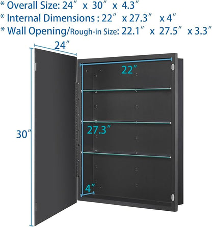 Black Bathroom Medicine Cabinet with Beveled Edge Mirrored Door 24 x 30 inch, Recessed or Surface Mount, with Adjustable Glass Shelves