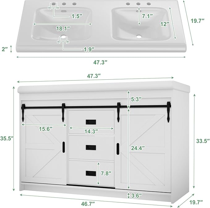 48" Bathroom Vanity with Double Sink, Bathroom Vanities with 2 Sliding Drawers and 4 Storage Shelves, Farmhouse Bathroom Vanity with Sink and Countertop, Bathroom Vanity Cabinet Set