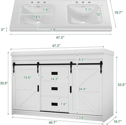 48" Bathroom Vanity with Double Sink, Bathroom Vanities with 2 Sliding Drawers and 4 Storage Shelves, Farmhouse Bathroom Vanity with Sink and Countertop, Bathroom Vanity Cabinet Set