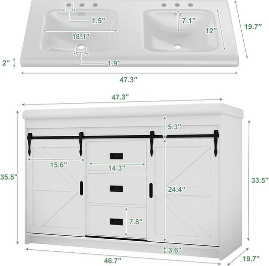 48" Bathroom Vanity with Double Sink, Bathroom Vanities with 2 Sliding Drawers and 4 Storage Shelves, Farmhouse Bathroom Vanity with Sink and Countertop, Bathroom Vanity Cabinet Set