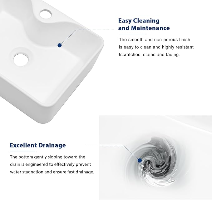 Sarlai Vessel Sink Rectangular - 19"x15" Modern Bathroom Vessel Sink Rectangle Above White Porcelain Ceramic Vessel Vanity Sink Art Basin with Faucet Hole