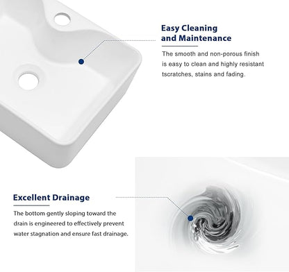 Sarlai Vessel Sink Rectangular - 19"x15" Modern Bathroom Vessel Sink Rectangle Above White Porcelain Ceramic Vessel Vanity Sink Art Basin with Faucet Hole