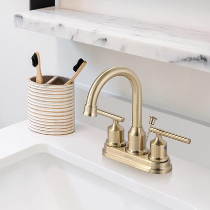 WOWOW Brushed Gold Bathroom Faucet 4 Inch Ceterset Bathroom Sink Faucet 3 Hole Vanity Faucet 2 Handle Basin Faucet with Drain Tall Mixer Tap Modern