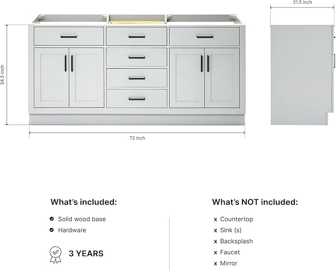 ARIEL Hepburn 72-inch Bathroom Vanity Base Cabinet,Solid Wood, 4 Soft Closing Doors, 6 Dovetail Drawers, Grey