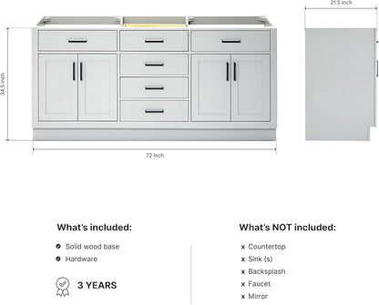 ARIEL Hepburn 72-inch Bathroom Vanity Base Cabinet,Solid Wood, 4 Soft Closing Doors, 6 Dovetail Drawers, Grey
