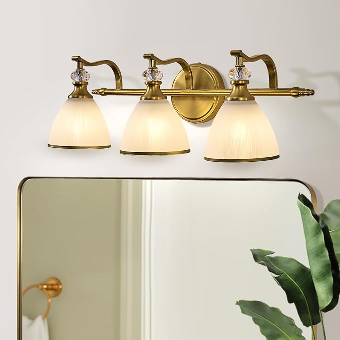 Bathroom Light Fixture, 3-light Brass Vanity Light, Vintage Bathroom Lights Over Mirror with Crystal Beads, Wall Sconce Lighting with Frosted Milky Glass Shade, E26 Base (Bulbs Not Included)