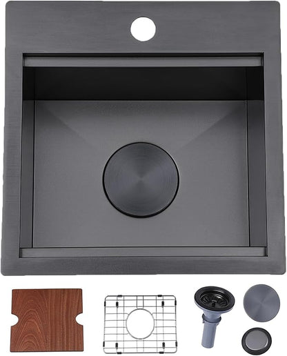 HOTIS 15 X 15 Inch Black Drop in Bar Sink, Black Bar Sink,Topmount RV Small Kitchen Sink, Outdoor Single Bowl Prep Sink with Dish Grid & Drain & Cutting Board