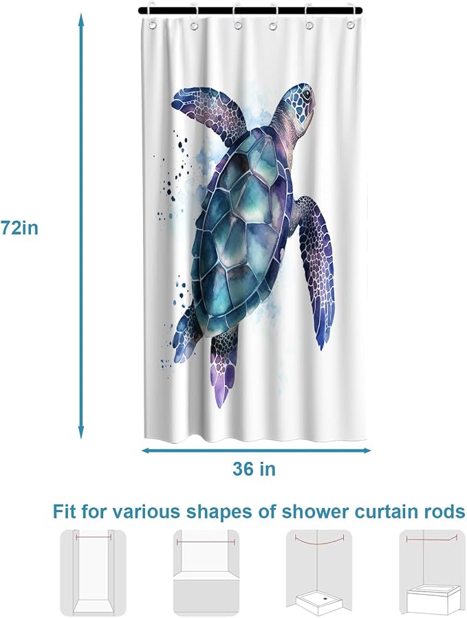 Funny Sea Turtle Shower Curtains Ocean Animal Cartoon Kids Theme Cloth Fabric Bathroom Decor Sets with Hooks Waterproof Washable 36W x 72H inches Teal Purple