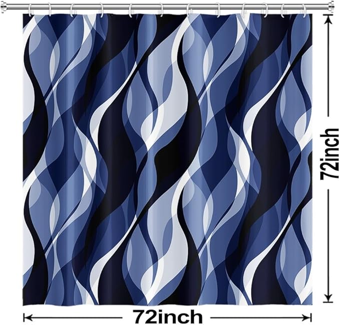 Navy Blue Shower Curtain, Modern Abstract Black and Blue Striped Shower Curtain Set for Bathroom Waterproof Shower Curtain with Hooks, 72x72 Inch