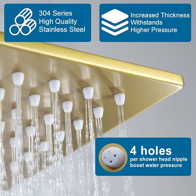 Shower Tub Faucet Set Brushed Gold Bathroom Shower System with Tub Spout Wall Mounted Rainfall 12 Inch Thickened Shower Head and Handle Set Include Shower Valve and Trim Kit
