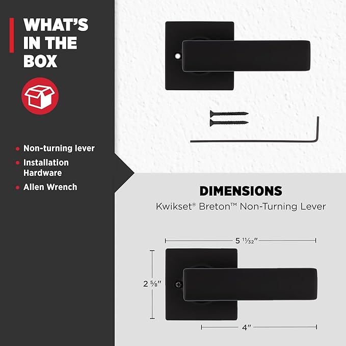 Kwikset Breton Dummy Door Handle, Single Sided Lever for Closets, French Double Doors, and Pantry, Matte Black Non-Turning Reversible Interior Push/Pull Lever, with Microban Protection