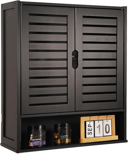 HYNAWIN Black Wall Mounted Bathroom Storage Cabinet with Shutter Doors, Adjustable Shelf, Magnetic Lock & Open Shelf for Kitchen, Living Room, or Entryway