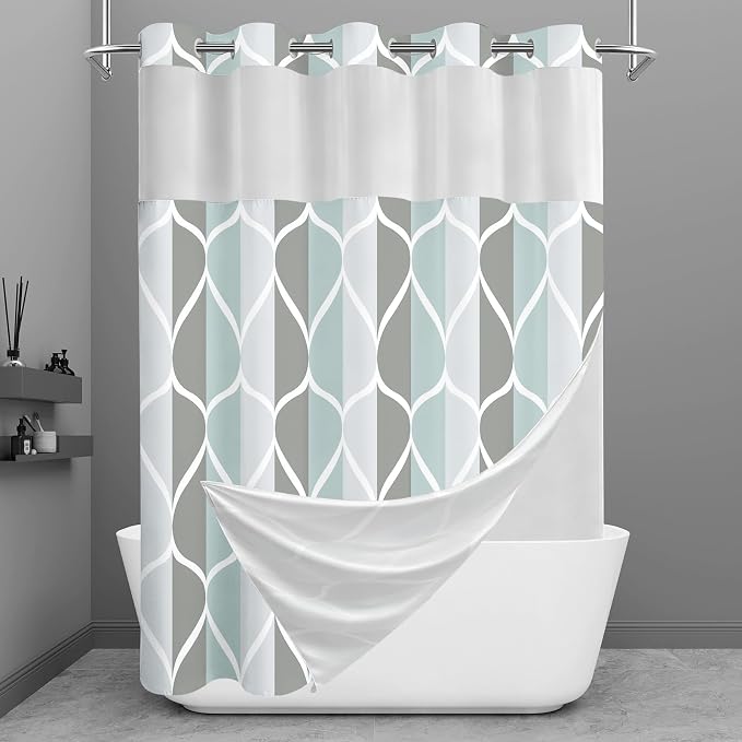 Gelbchu Gray No Hook Shower Curtain with Snap-in Liner, 71 x 77 Inch | Built-In Hooks, Mesh Top Window, Water-Repellent, Machine Washable, Quick Drying, Premium Polyester, Hotel Style, Modern