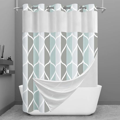 Gelbchu Gray No Hook Shower Curtain with Snap-in Liner, 71 x 77 Inch | Built-In Hooks, Mesh Top Window, Water-Repellent, Machine Washable, Quick Drying, Premium Polyester, Hotel Style, Modern